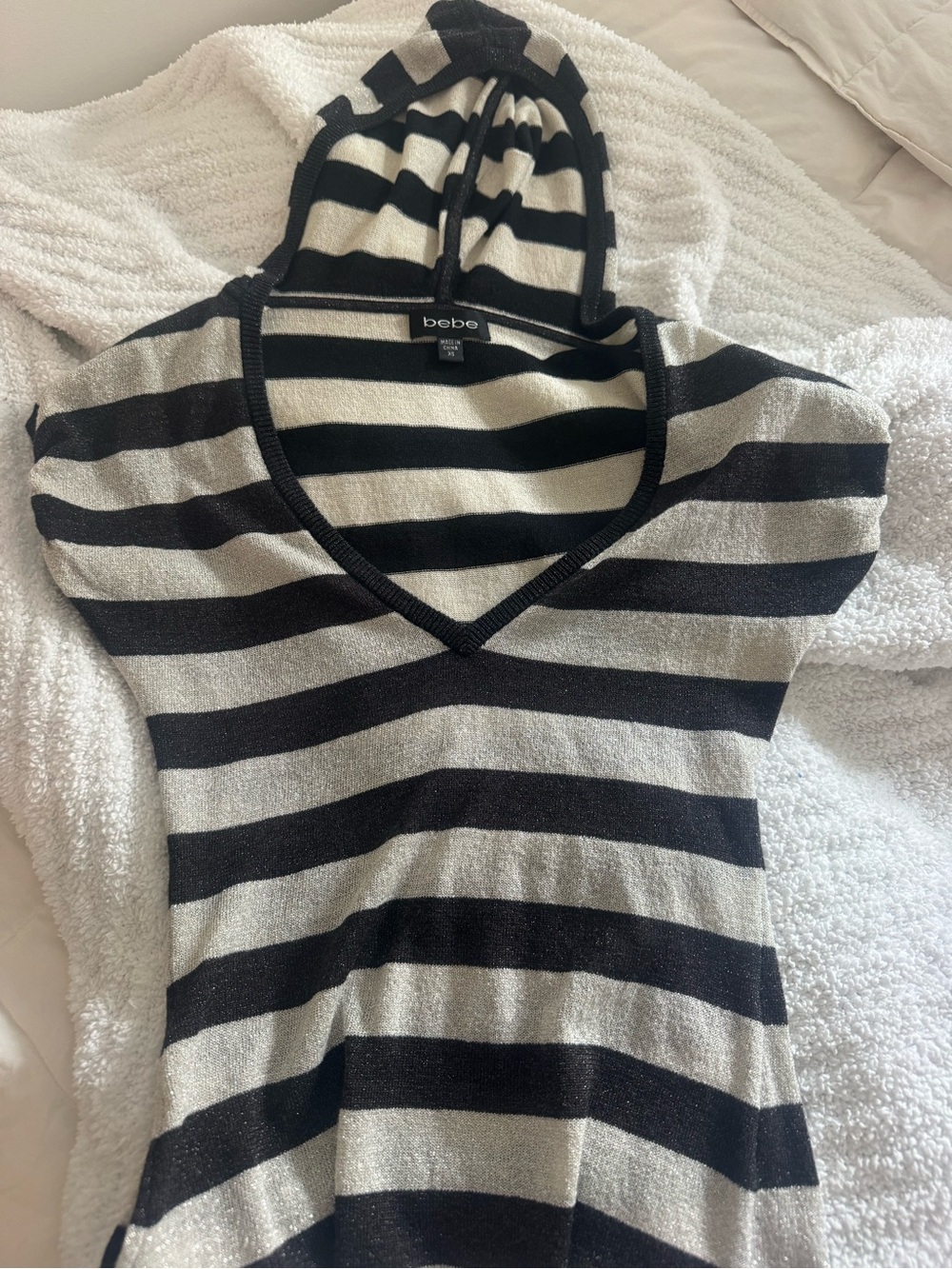 bebe Striped V-Neck Hoodie Top